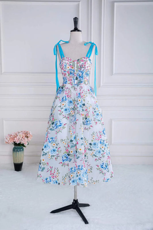 Blue Tie Straps Sweetheart A Line Floral Print Party Gown