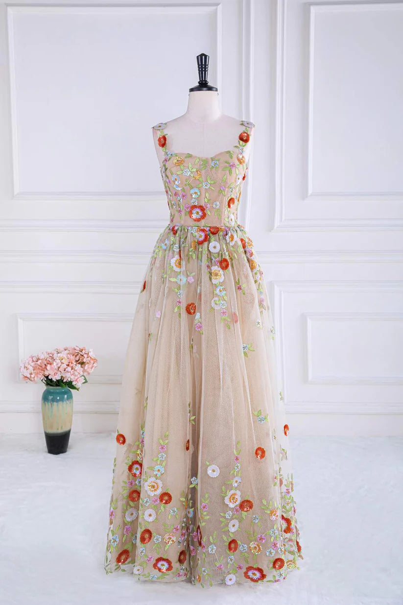 Champagne Sweetheart Sleeveless Tulle Floral A Line Formal Dresses with Appliques