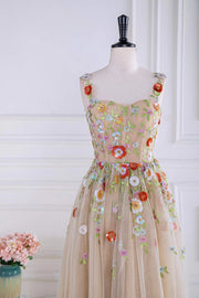 Champagne Sweetheart Sleeveless Tulle Floral A Line Formal Dresses with Appliques