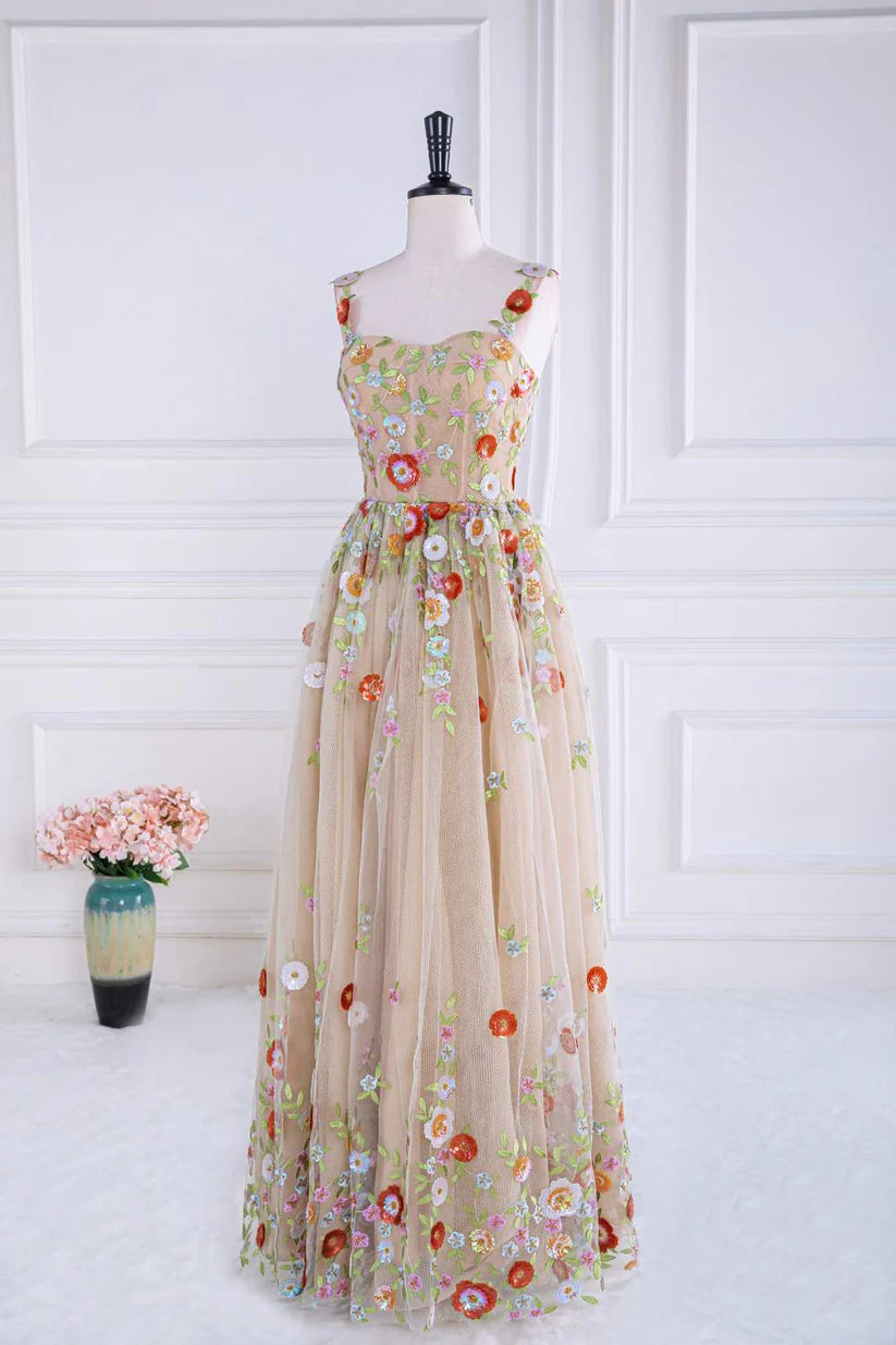 Champagne Sweetheart Sleeveless Tulle Floral A Line Formal Dresses with Appliques