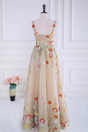 Champagne Sweetheart Sleeveless Tulle Floral A Line Formal Dresses with Appliques