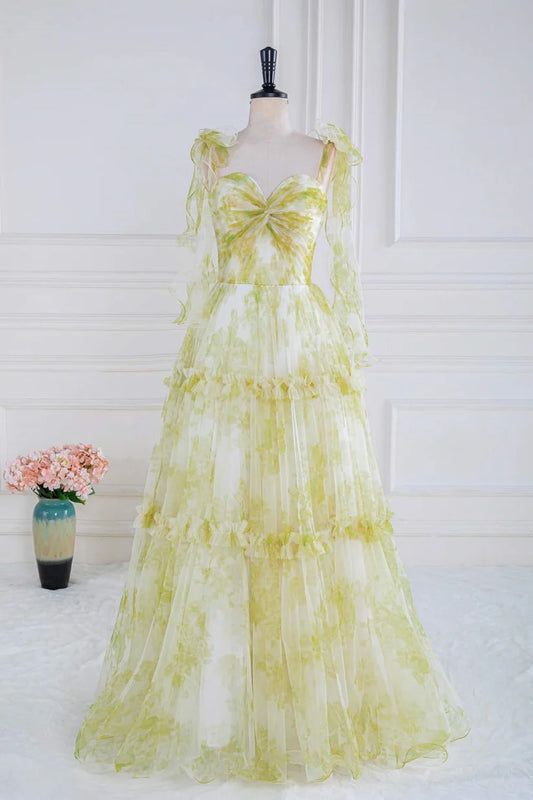 Light Yellow Tie Shoulder Floral Print A-Line Long Formal Dress
