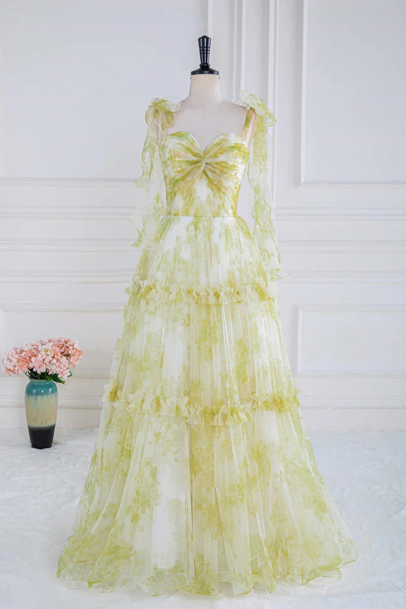 Light Yellow Sweetheart Sleeveless Floral Print Formal Dresses A-Line Floor-Length