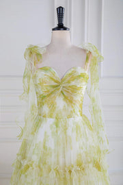 Light Yellow Sweetheart Sleeveless Floral Print Formal Dresses A-Line Floor-Length