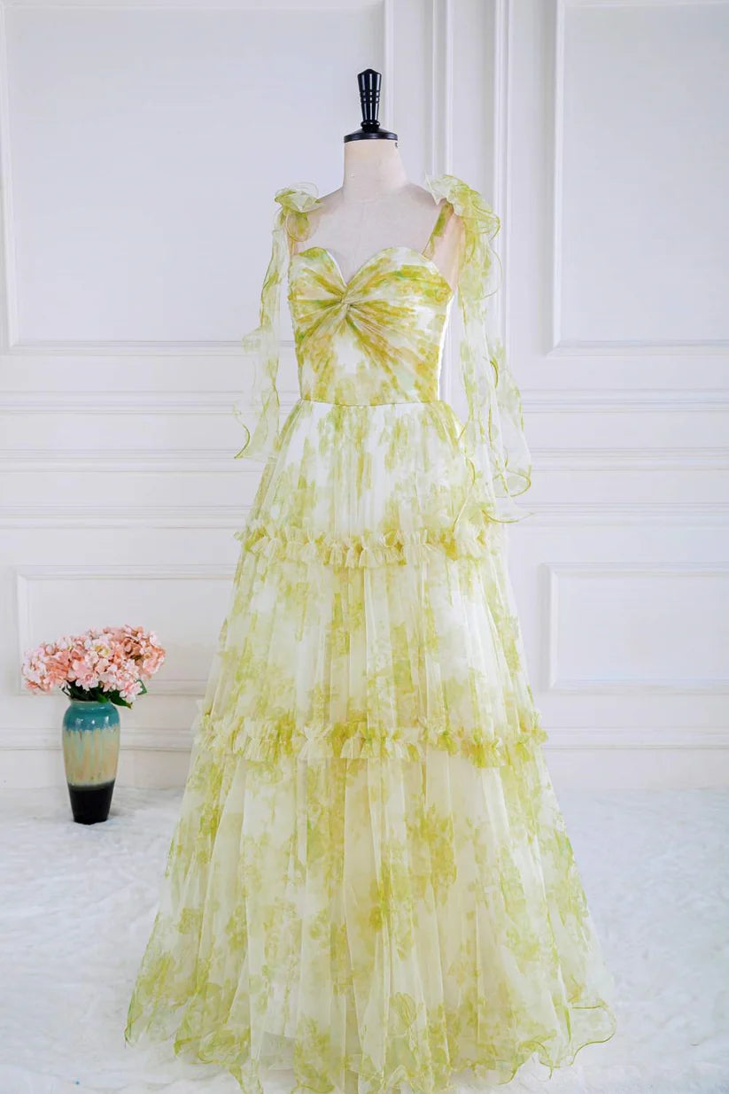 Light Yellow Sweetheart Sleeveless Floral Print Formal Dresses A-Line Floor-Length