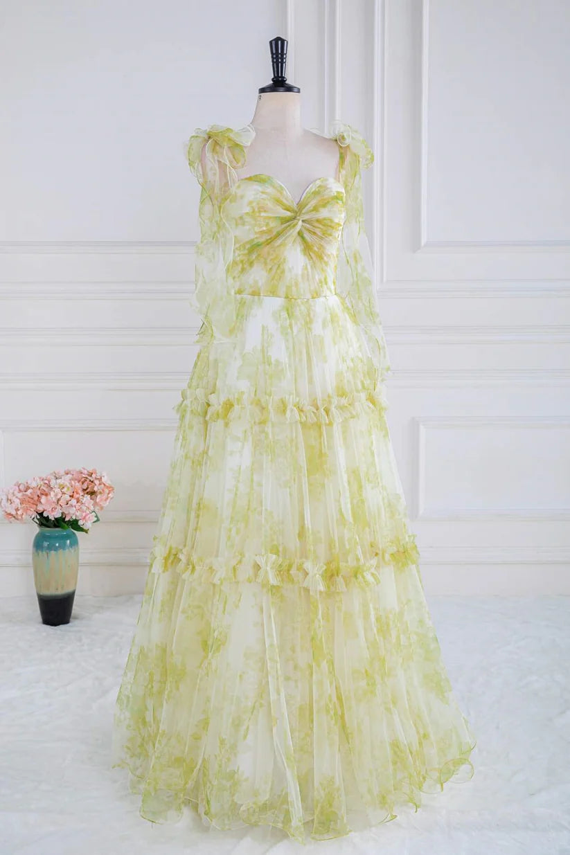 Light Yellow Sweetheart Sleeveless Floral Print Formal Dresses A-Line Floor-Length