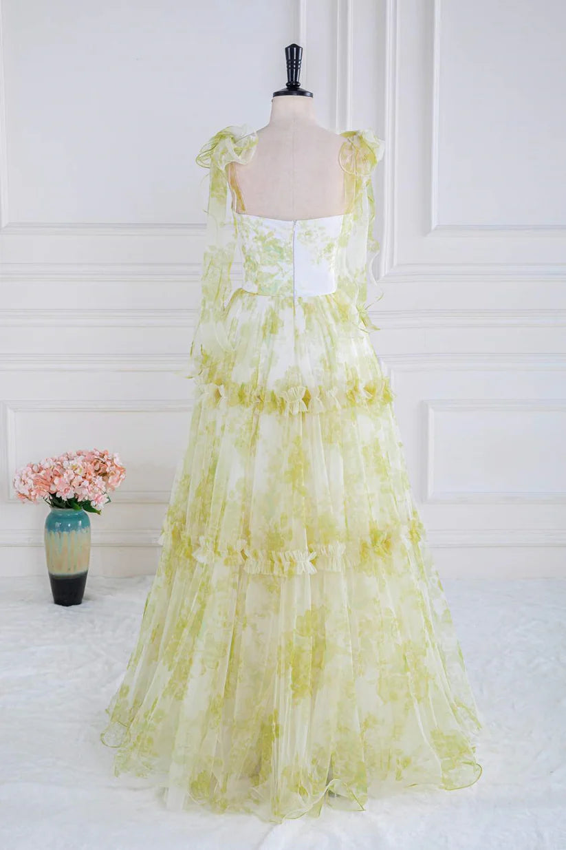 Light Yellow Sweetheart Sleeveless Floral Print Formal Dresses A-Line Floor-Length