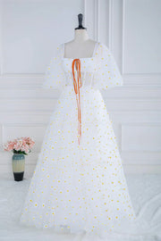 White Square Neck 1/2 Sleeves A-Line Floor-Length Formal Dresses