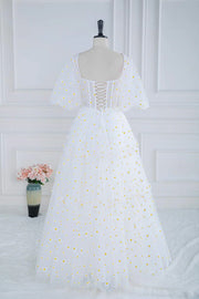 White Square Neck 1/2 Sleeves A-Line Floor-Length Formal Dresses