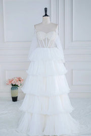 White Tiered Strapless Off-The-Shoulder Prom Dresses Tulle A-Line with Beads