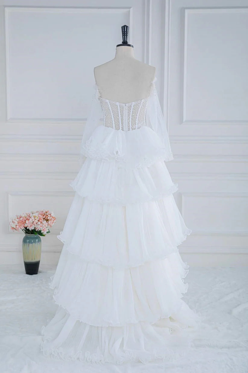 White Tiered Strapless Off-The-Shoulder Prom Dresses Tulle A-Line with Beads