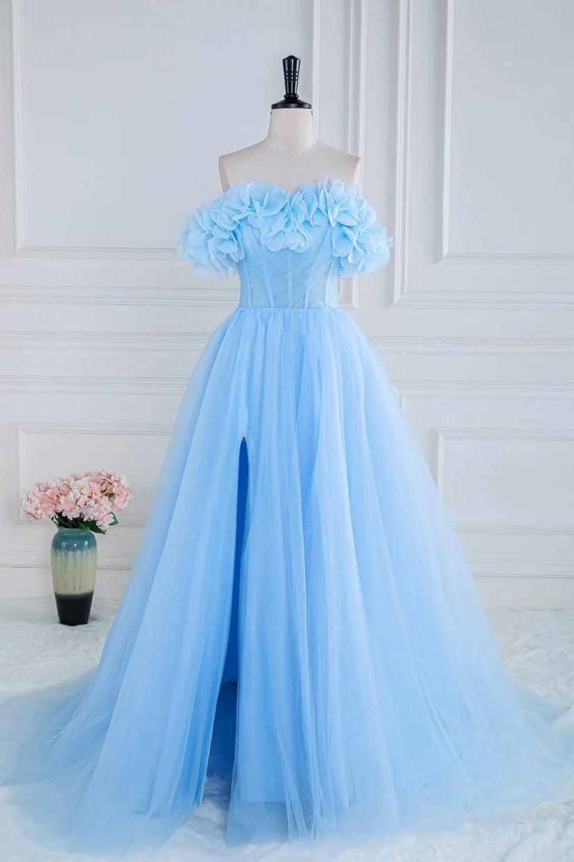 Blue 3D Floral Off-The-Shoulder Strapless A-Line Prom Dresses with Slit