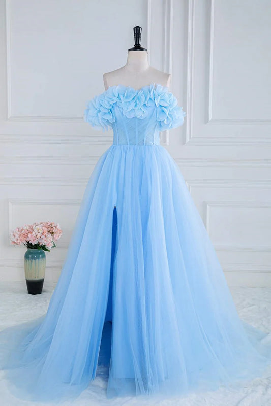 Blue 3D Floral Off the Shoulder A Line Prom Dress with Slit