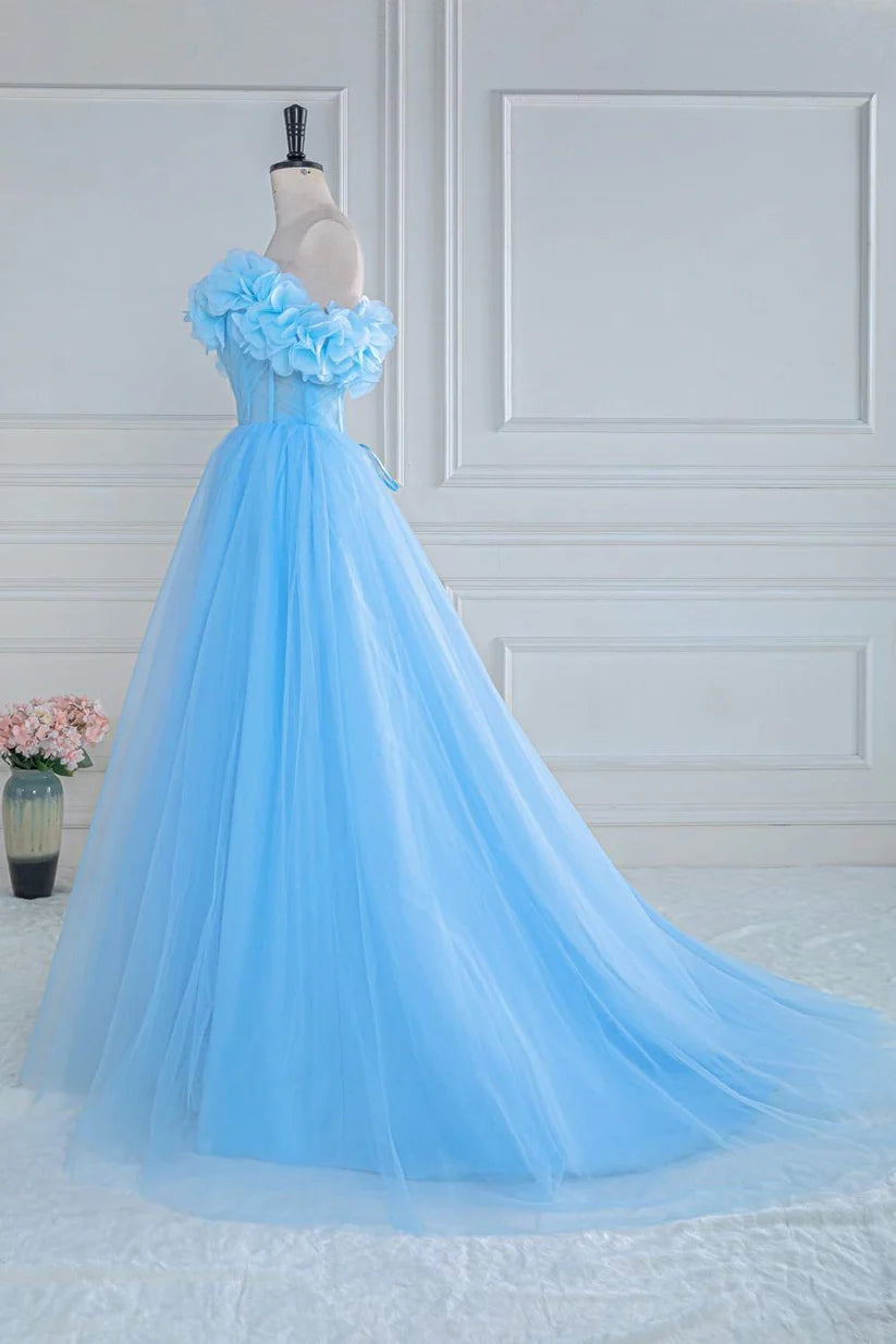 Blue 3D Floral Off-The-Shoulder Strapless A-Line Prom Dresses with Slit