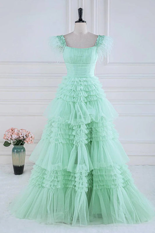Mint Green Feather Straps Tiered Ruffles Long Prom Dress Front Side
