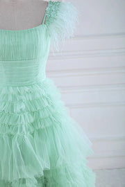 Square Neck Tiered Long A-Line Tulle Prom Dresses Split Front with Fur