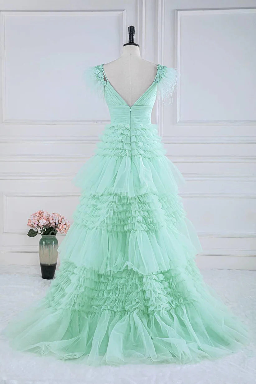 Square Neck Tiered Long A-Line Tulle Prom Dresses Split Front with Fur