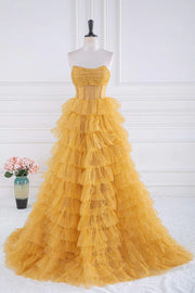 Gold Strapless A-Line Tulle Prom Dresses with  Ruffles