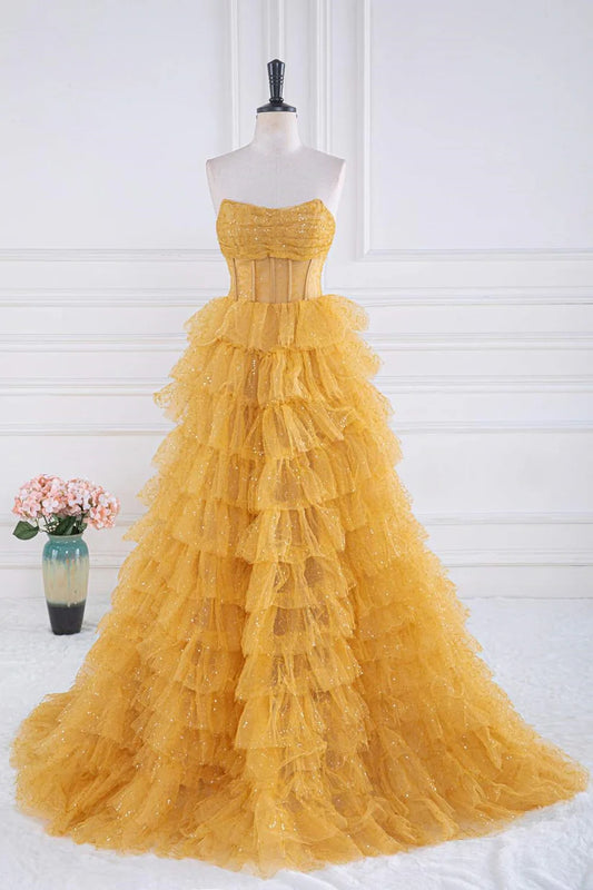 Gold Strapless A Line Ruffles Prom Dress with Sequins