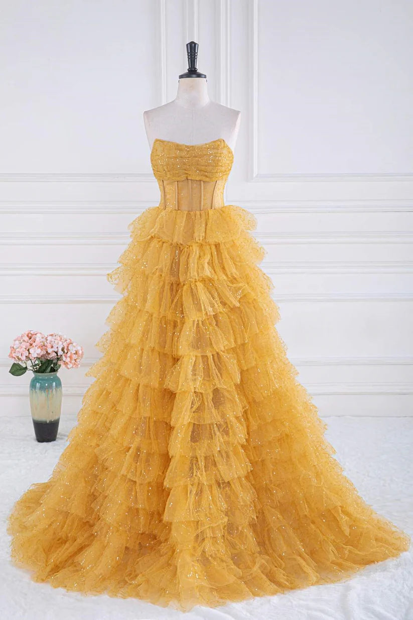 Gold Strapless A-Line Tulle Prom Dresses with  Ruffles