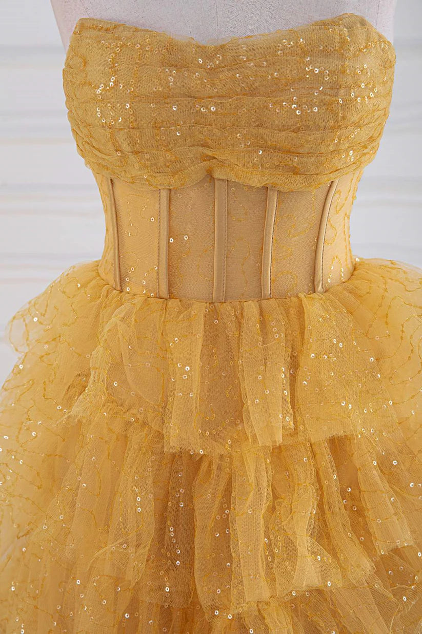 Gold Strapless A-Line Tulle Prom Dresses with  Ruffles