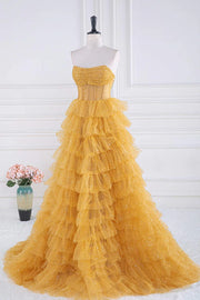 Gold Strapless A-Line Tulle Prom Dresses with  Ruffles