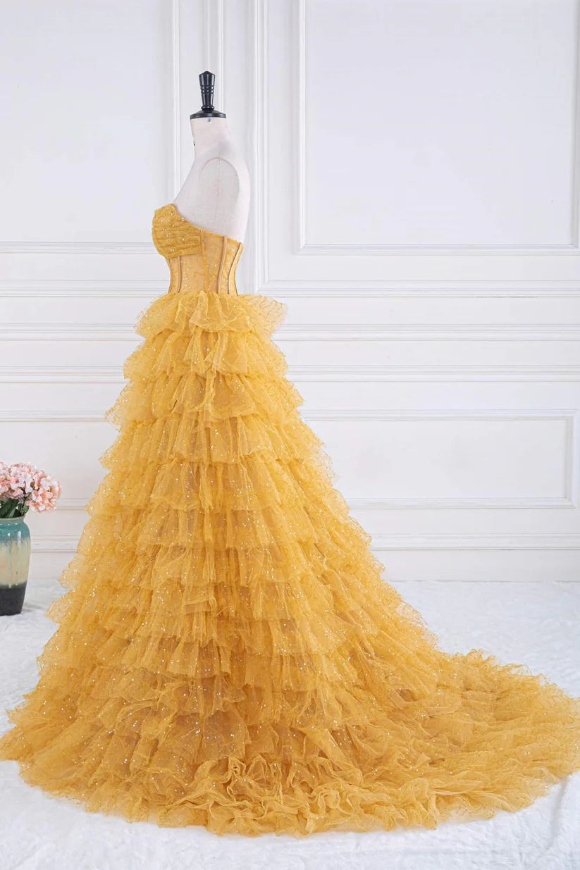 Gold Strapless A-Line Tulle Prom Dresses with  Ruffles