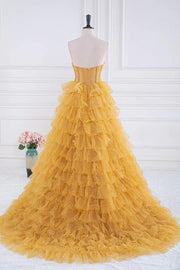 Gold Strapless A-Line Tulle Prom Dresses with  Ruffles