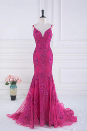 Fuchsia V-Neck Mermaid Spaghetti Straps Long Prom Dresses with Sequins