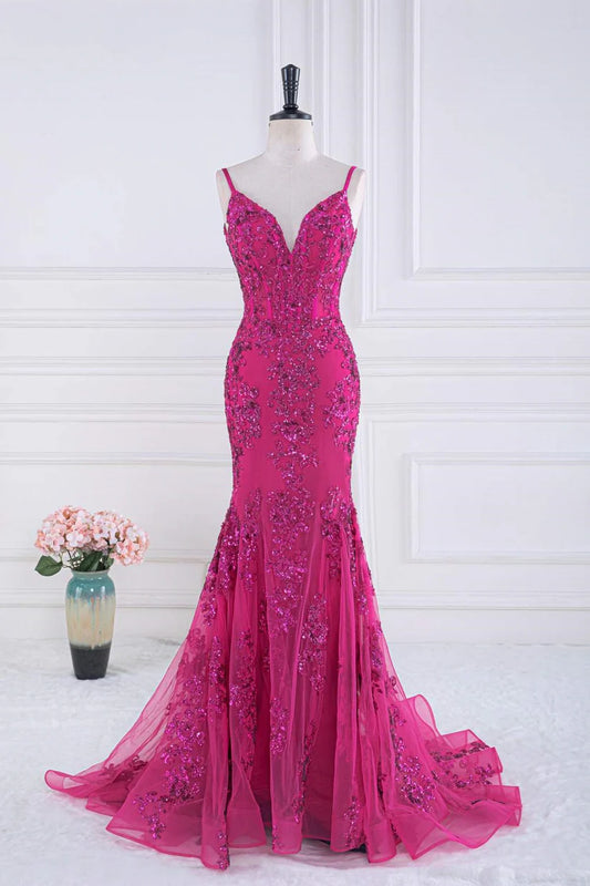 Fuchsia V Neck Mermaid Long Prom Dress with Sequins Front Side