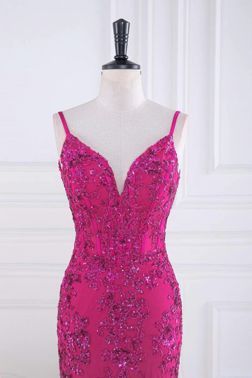 Fuchsia V-Neck Mermaid Spaghetti Straps Long Prom Dresses with Sequins