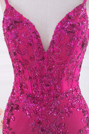 Fuchsia V-Neck Mermaid Spaghetti Straps Long Prom Dresses with Sequins