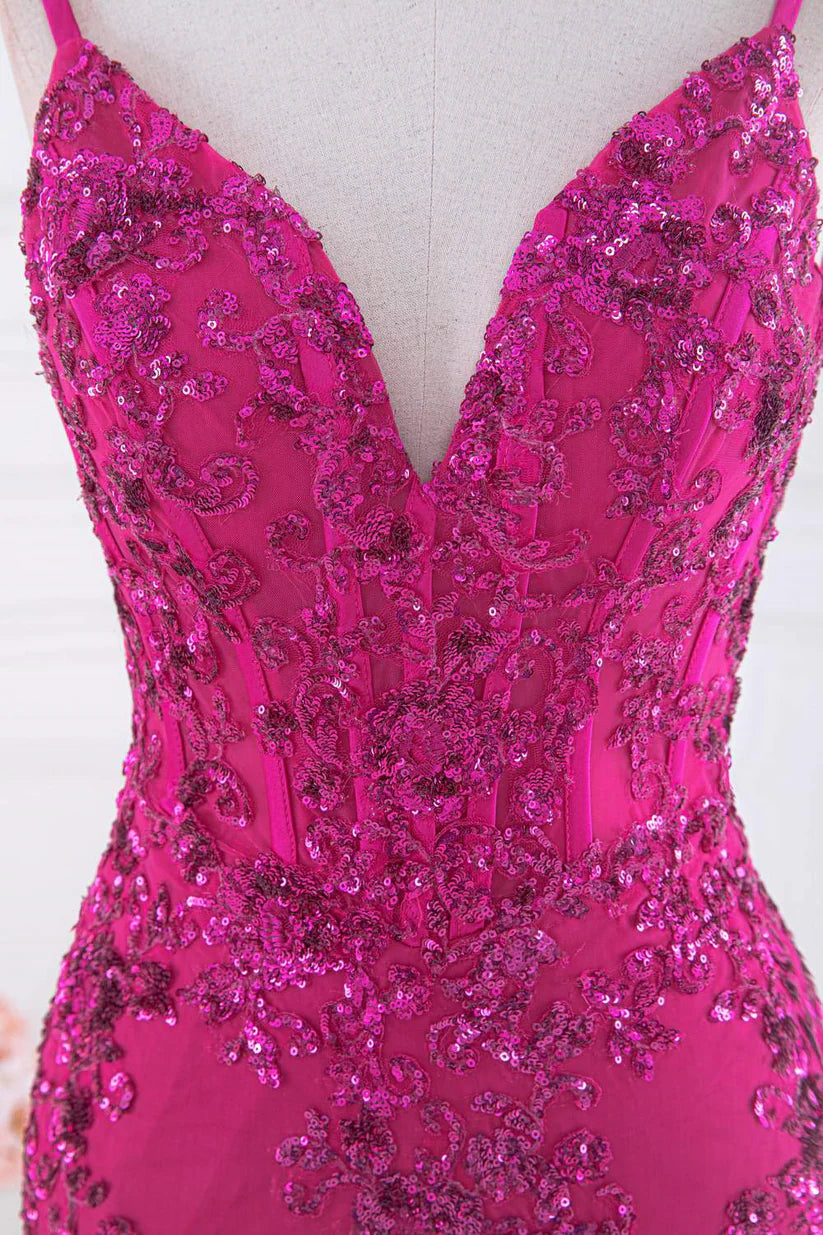 Fuchsia V-Neck Mermaid Spaghetti Straps Long Prom Dresses with Sequins