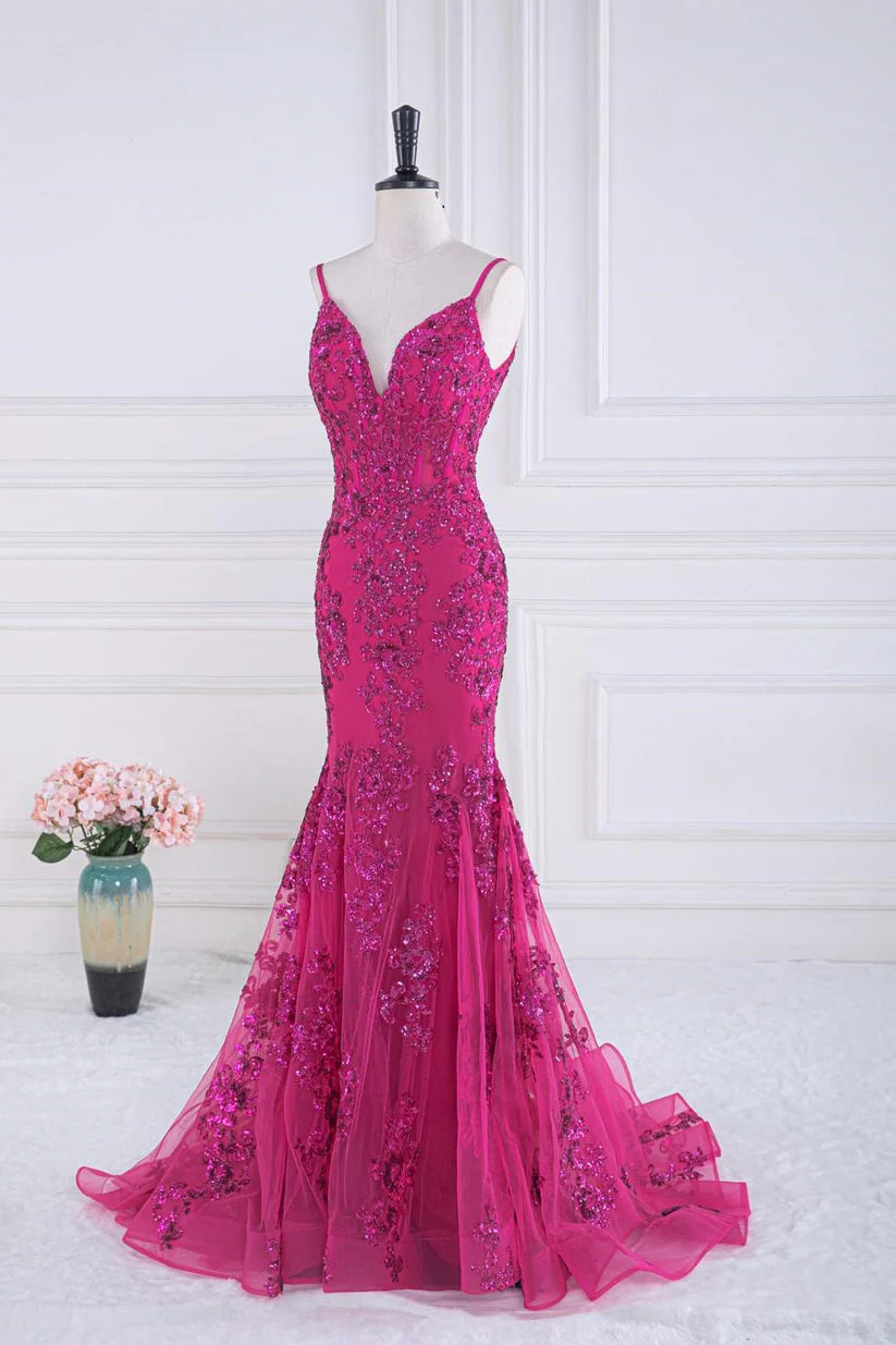 Fuchsia V-Neck Mermaid Spaghetti Straps Long Prom Dresses with Sequins