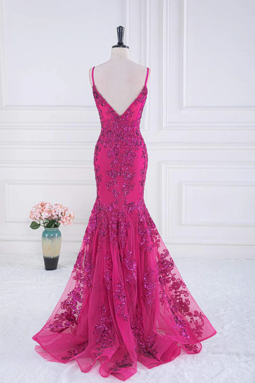 Fuchsia V-Neck Mermaid Spaghetti Straps Long Prom Dresses with Sequins