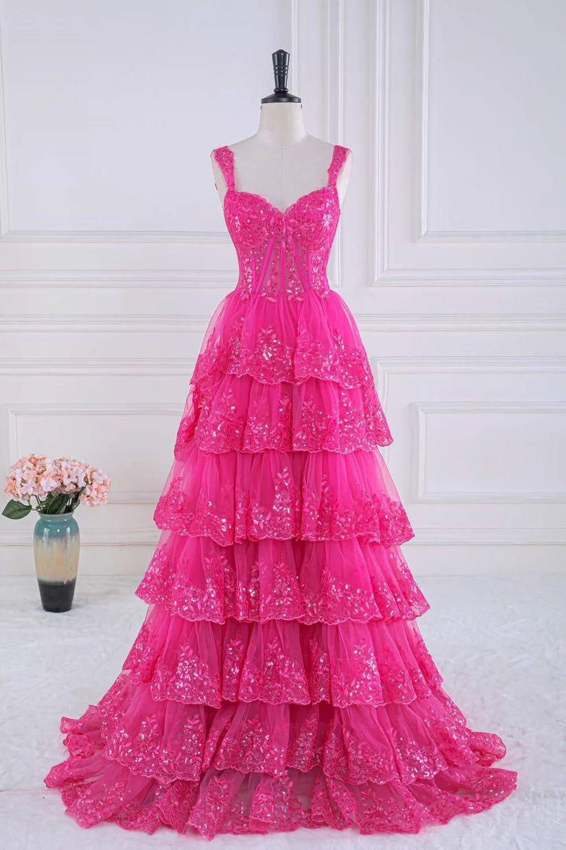 Fuchsia Sweetheart Straps A-Line Lace Long Prom Dresses with Ruffles