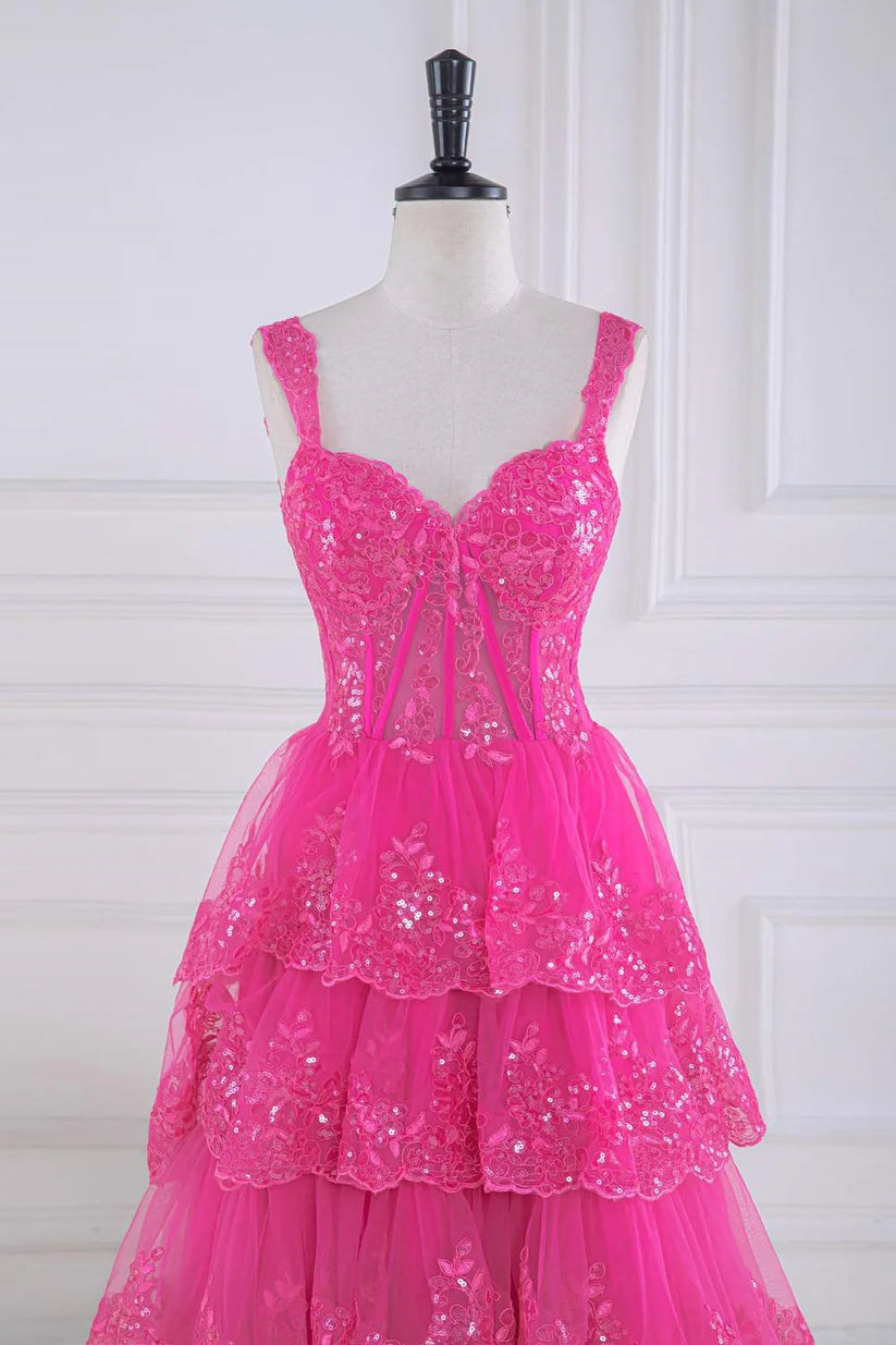 Fuchsia Sweetheart Straps A-Line Lace Long Prom Dresses with Ruffles