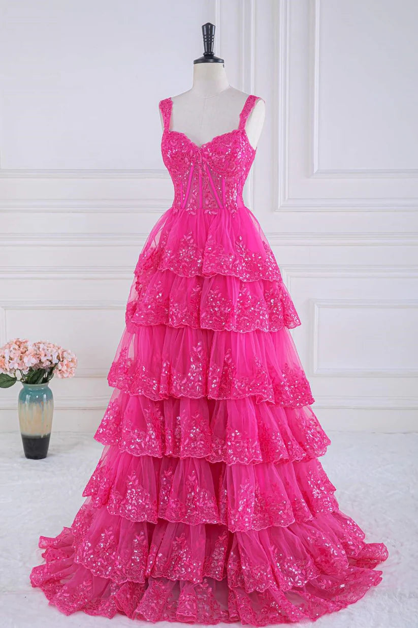 Fuchsia Sweetheart Straps A-Line Lace Long Prom Dresses with Ruffles