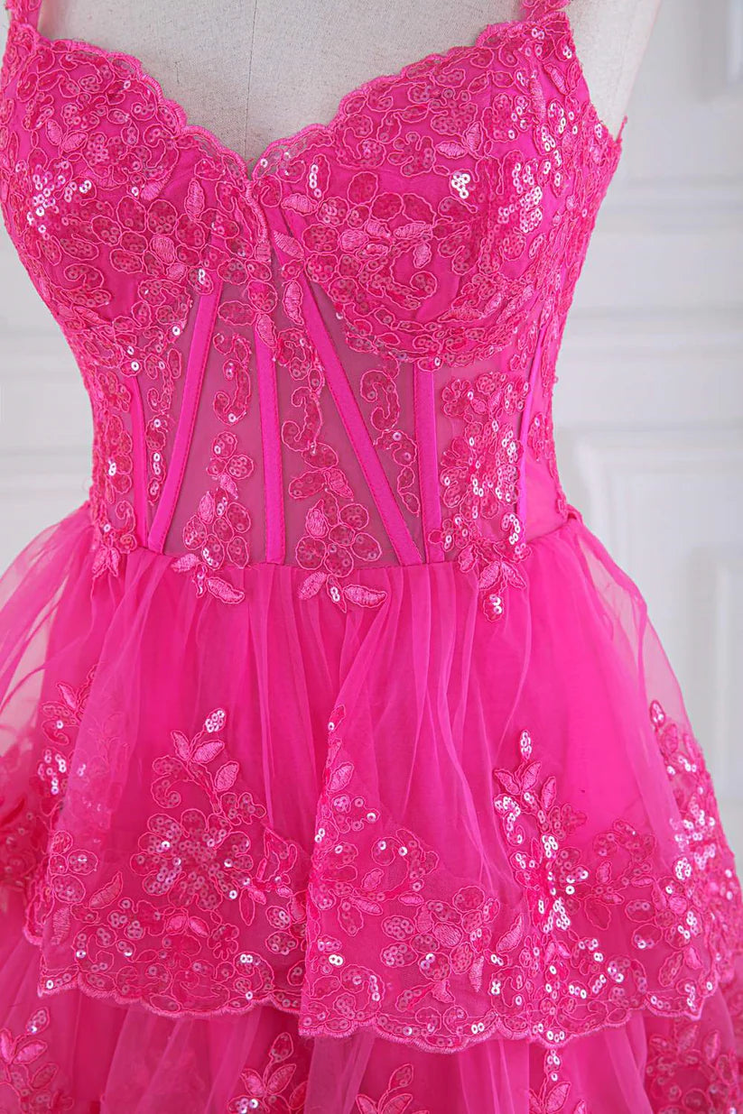 Fuchsia Sweetheart Straps A-Line Lace Long Prom Dresses with Ruffles