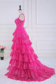 Fuchsia Sweetheart Straps A-Line Lace Long Prom Dresses with Ruffles