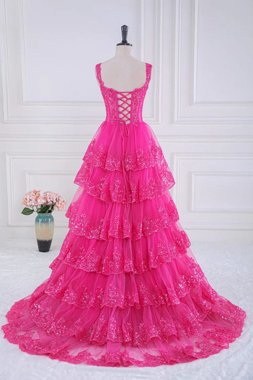 Fuchsia Sweetheart Straps A-Line Lace Long Prom Dresses with Ruffles