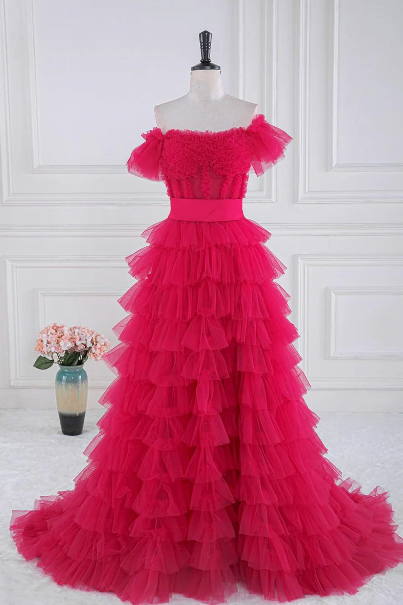 Fuchsia Off-The-Shoulder A-Line Tulle Prom Dresses Split Front Ruffles with Sash