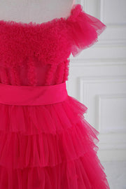 Fuchsia Off-The-Shoulder A-Line Tulle Prom Dresses Split Front Ruffles with Sash