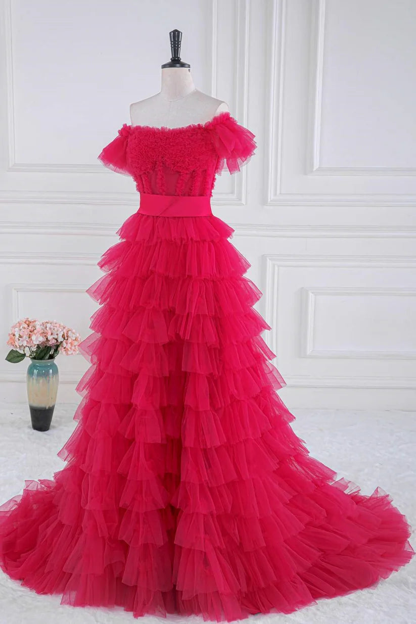 Fuchsia Off-The-Shoulder A-Line Tulle Prom Dresses Split Front Ruffles with Sash