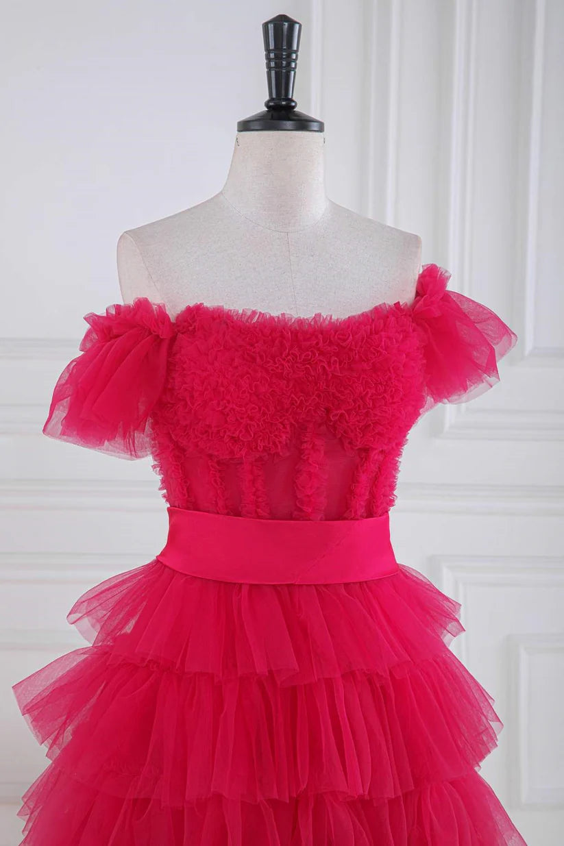 Fuchsia Off-The-Shoulder A-Line Tulle Prom Dresses Split Front Ruffles with Sash