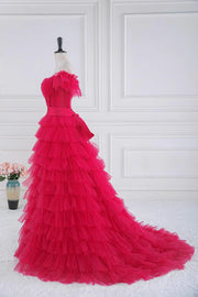 Fuchsia Off-The-Shoulder A-Line Tulle Prom Dresses Split Front Ruffles with Sash