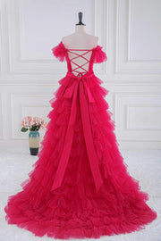 Fuchsia Off-The-Shoulder A-Line Tulle Prom Dresses Split Front Ruffles with Sash