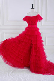 Fuchsia Off-The-Shoulder A-Line Tulle Prom Dresses Split Front Ruffles with Sash