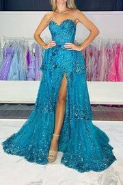 Ocean Blue Strapless A-Line Lace Tulle Prom Dresses with Slit