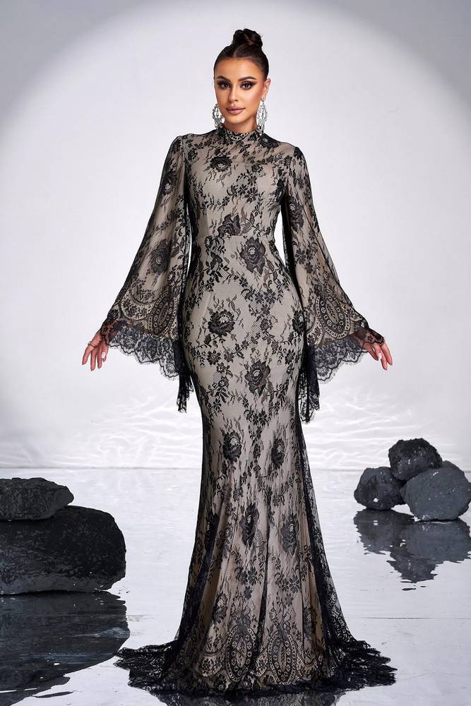 High Neck Long Sleeves Mermaid Lace Evening Dresses